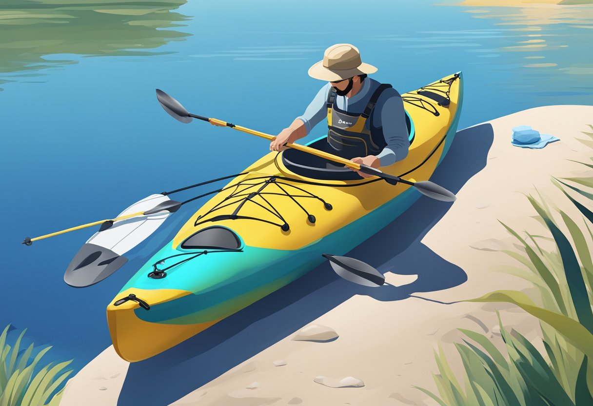 A person cleaning and polishing a composite kayak with a gentle cloth and specialized kayak cleaner, with a backdrop of calm water and a clear blue sky