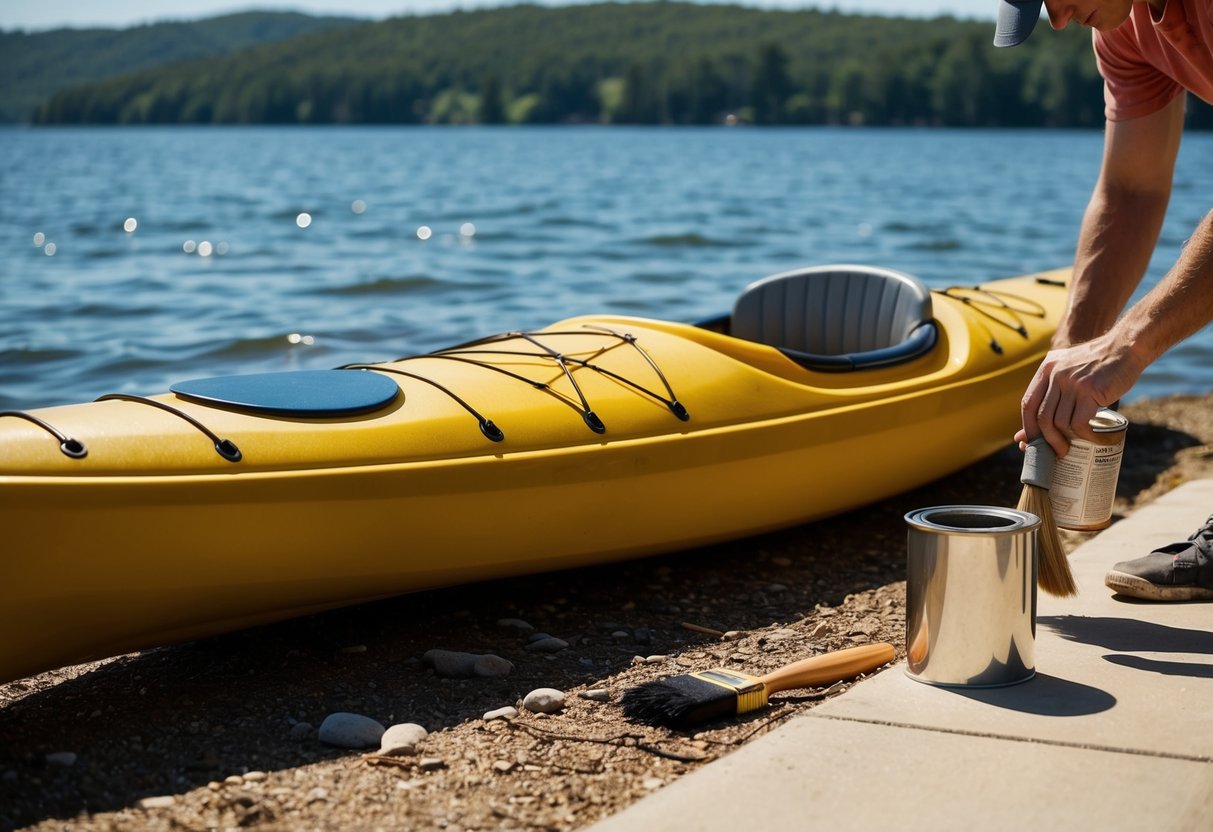 A sunny day at the lake, a kayak sits on the shore with a person applying varnish to its surface. The varnish brush and can are nearby