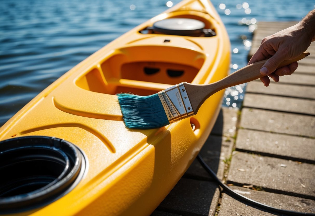 A kayak being varnished with a paintbrush on a sunny day by the water