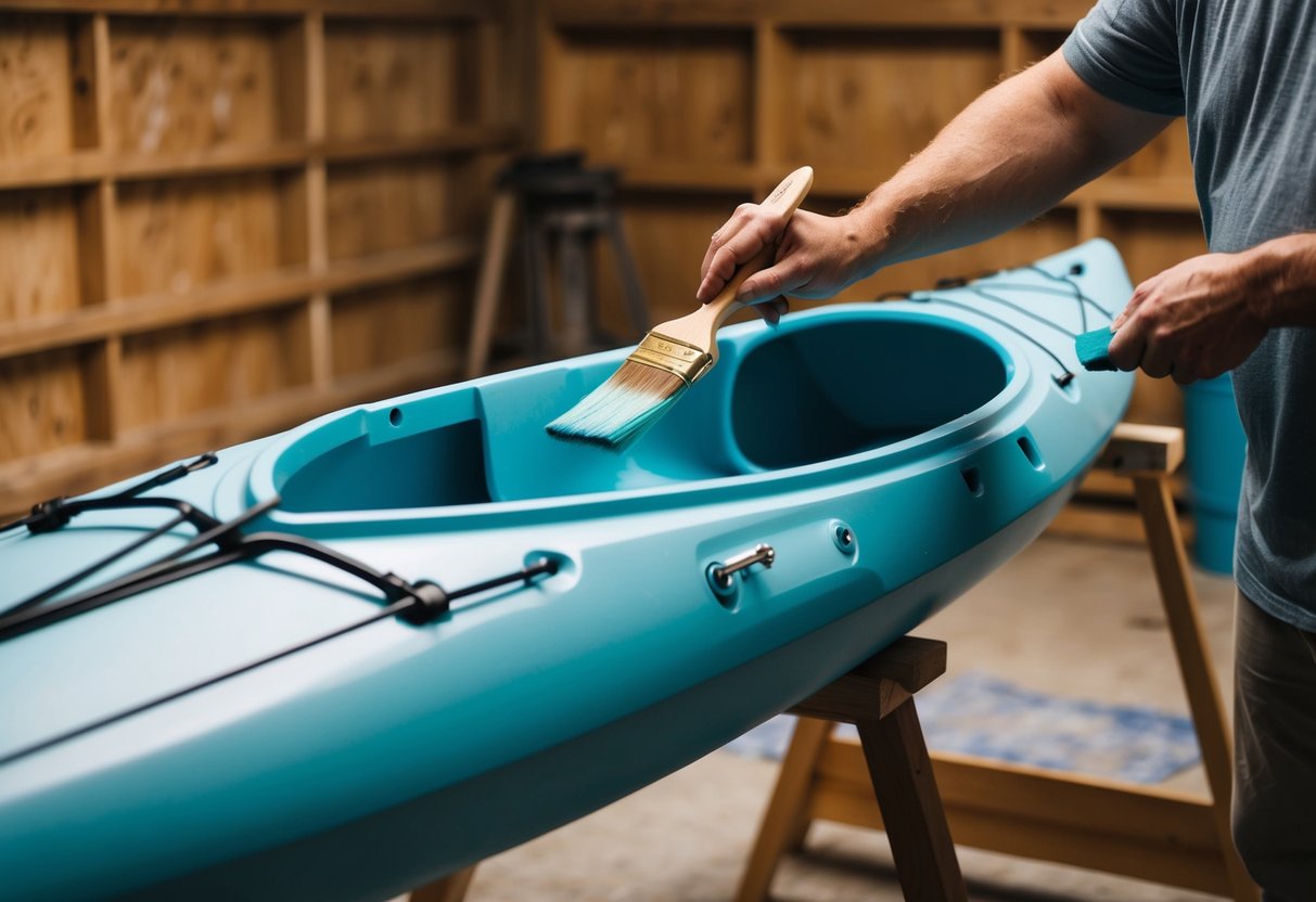 A person applying varnish to a kayak, using a paintbrush to coat the surface evenly, with the kayak resting on sawhorses in a well-ventilated area