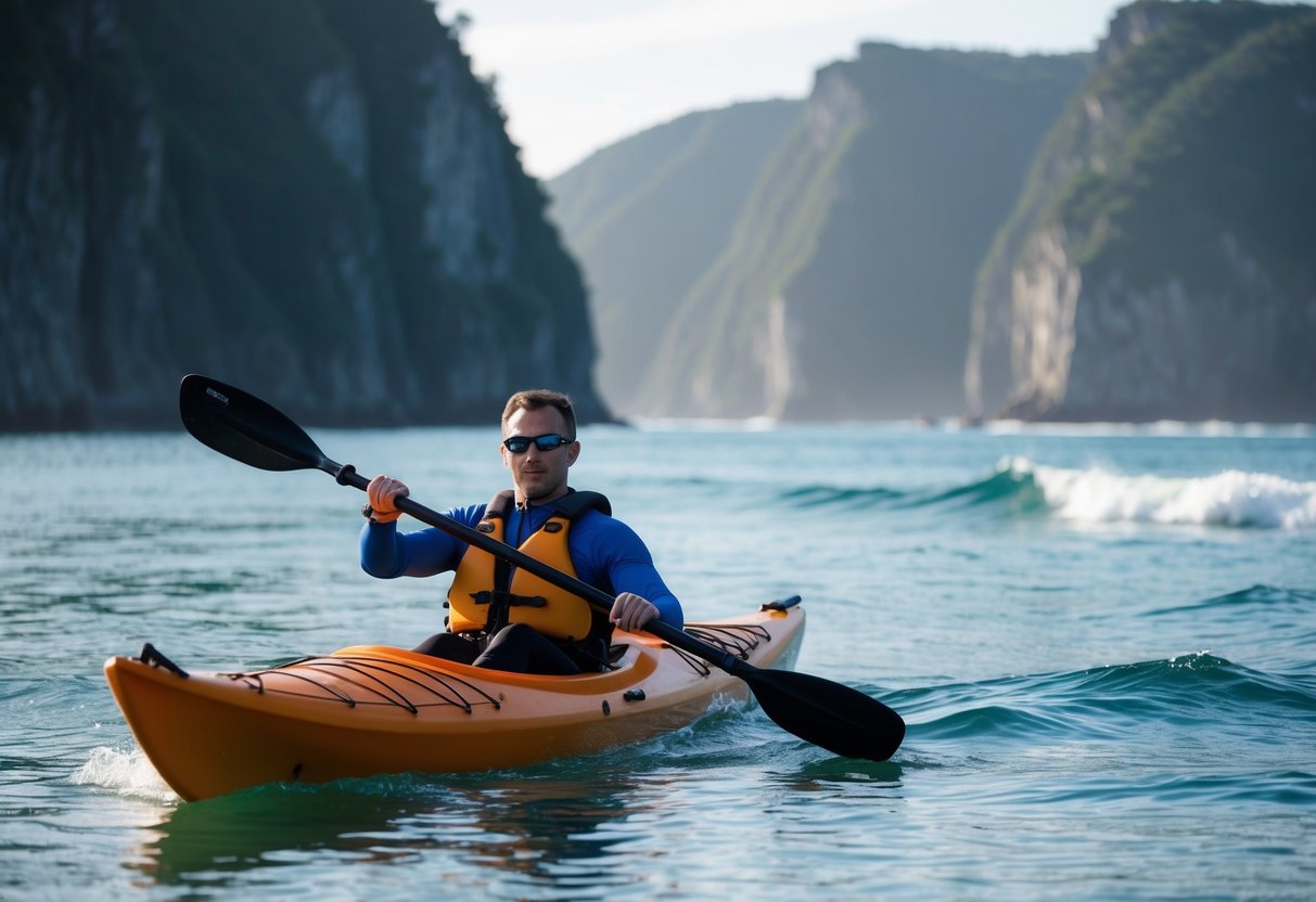 A sea kayaker expertly maneuvers through calm waters, surrounded by towering cliffs and tranquil ocean waves