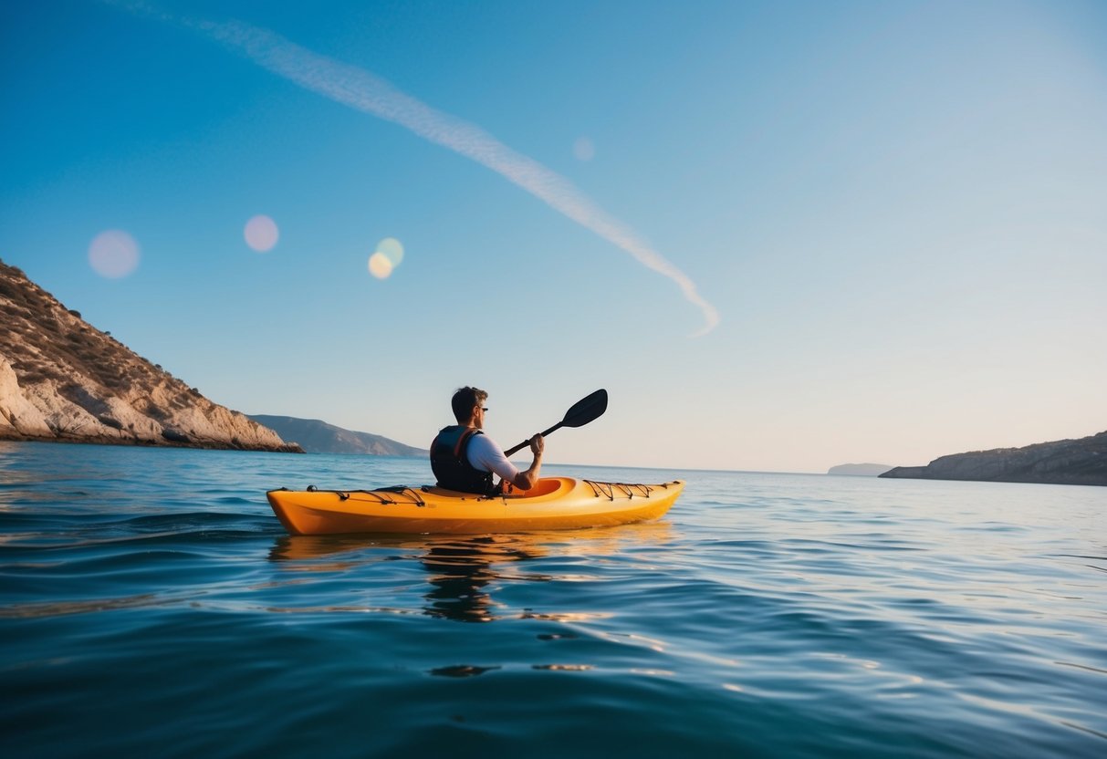 A sea kayak glides through calm waters, surrounded by rugged coastline and a clear blue sky