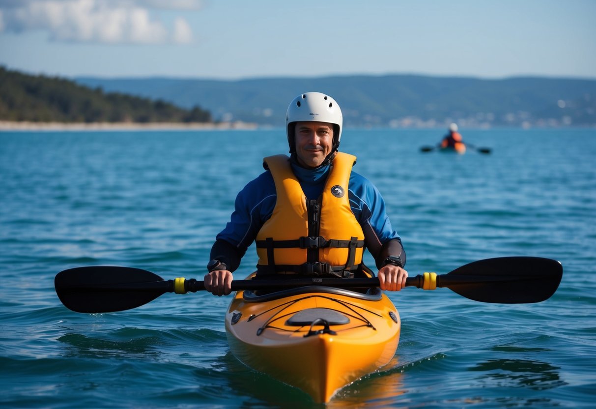 A sea kayaker wearing a life jacket and helmet, with a paddle and waterproof gear, surrounded by calm blue waters and distant coastline