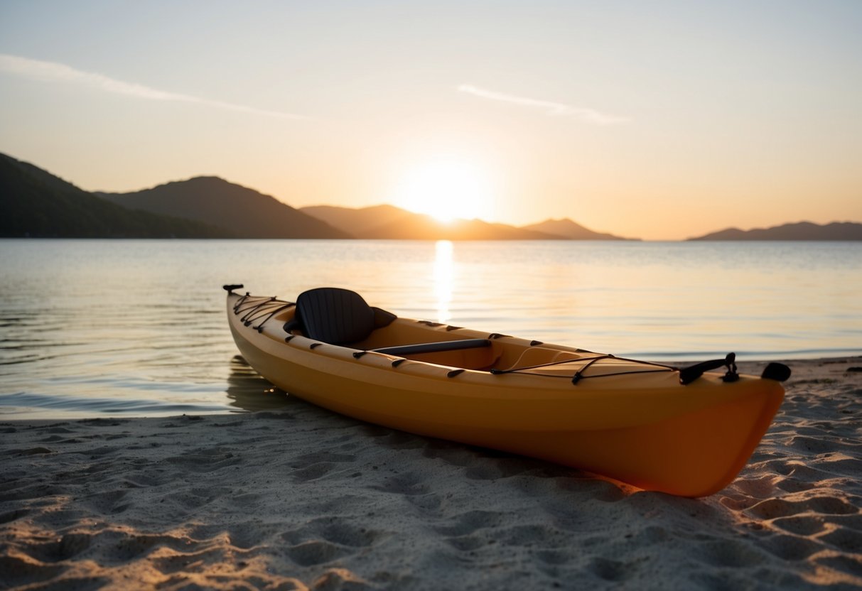 A sea kayak rests on a sandy beach, surrounded by calm, clear waters. The sun sets behind distant mountains, casting a warm glow over the scene