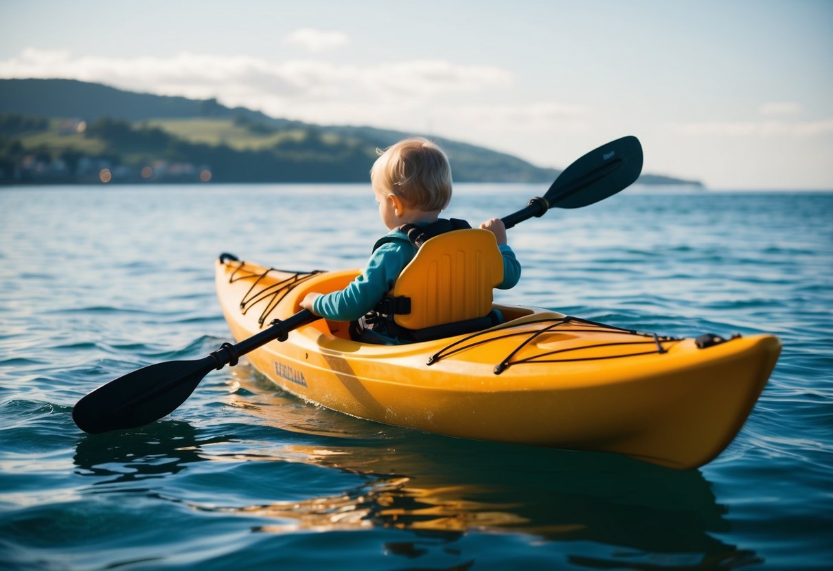 A sea kayak with a toddler seat paddles through calm waters with a scenic coastline in the background