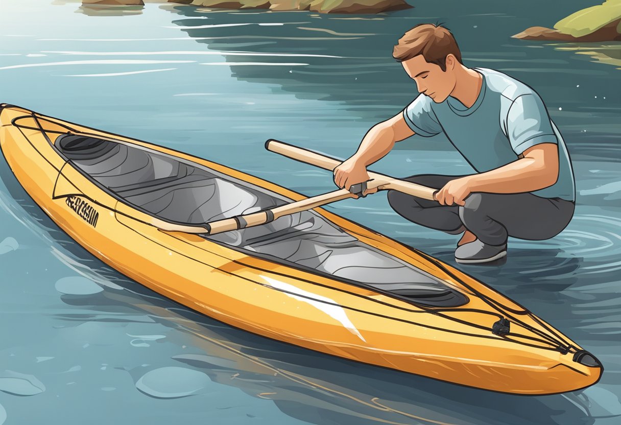 A person gently scrubbing a composite kayak with a soft brush and soapy water, then rinsing it with a hose before allowing it to air dry in the sun