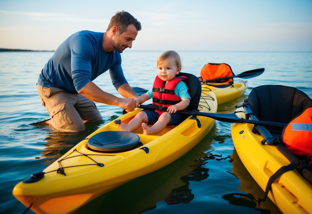 A calm sea with a parent securing a toddler seat to a kayak, surrounded by safety gear and life jackets