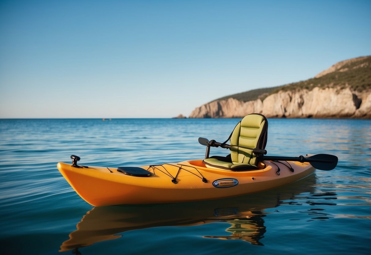 A sea kayak with a toddler seat attached, floating on calm waters near a rugged coastline with a clear blue sky overhead