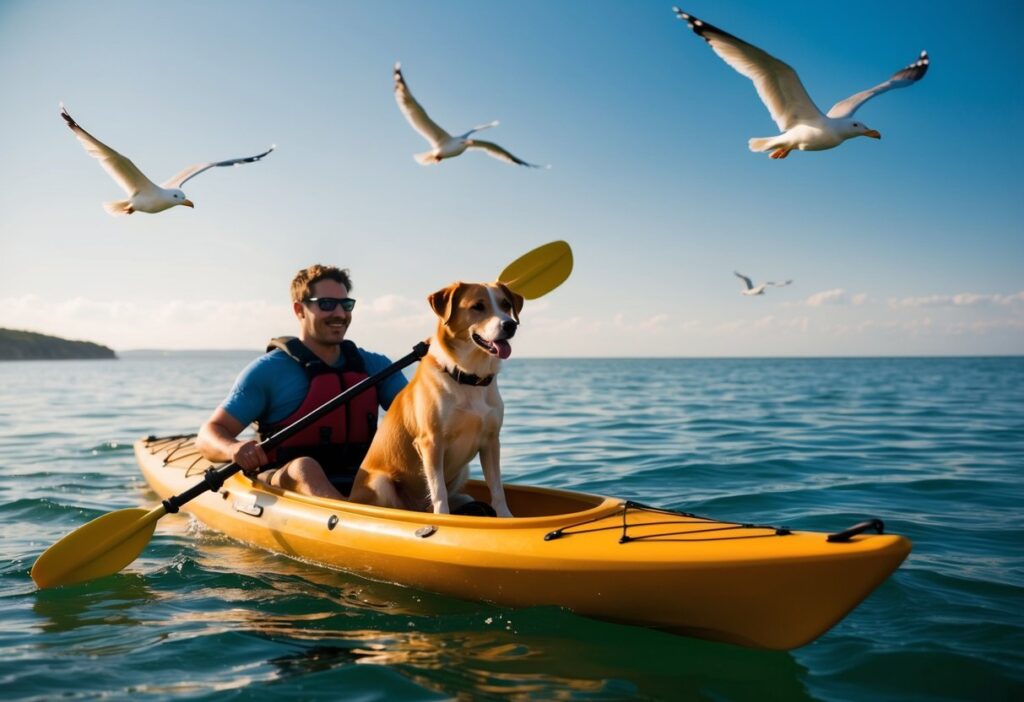 A person and their dog are sea kayaking, with the dog sitting in the kayak and the person paddling. The water is calm, and there are seagulls flying overhead