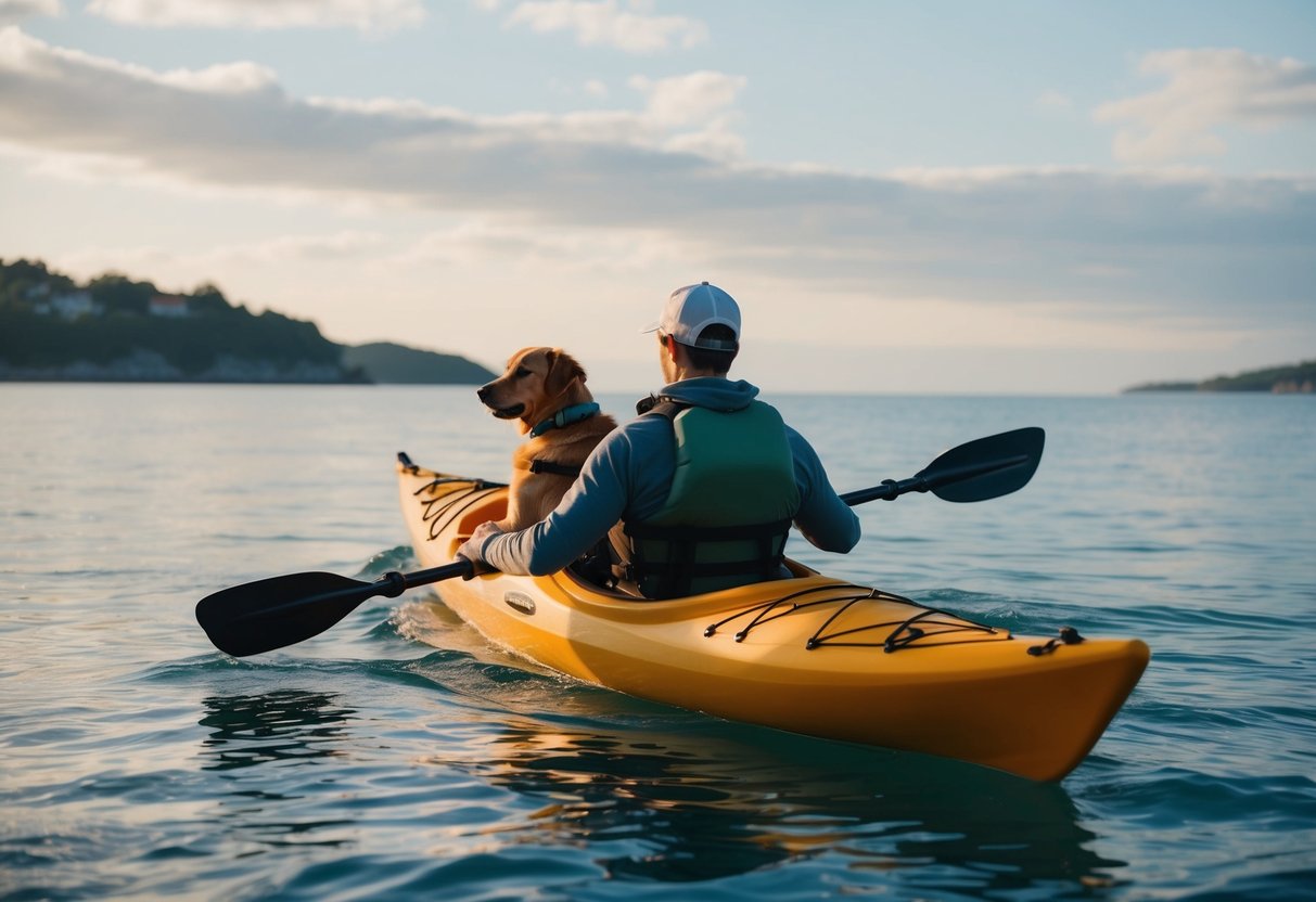 A person and a dog on a sea kayak, paddling through calm waters with scenic coastal views