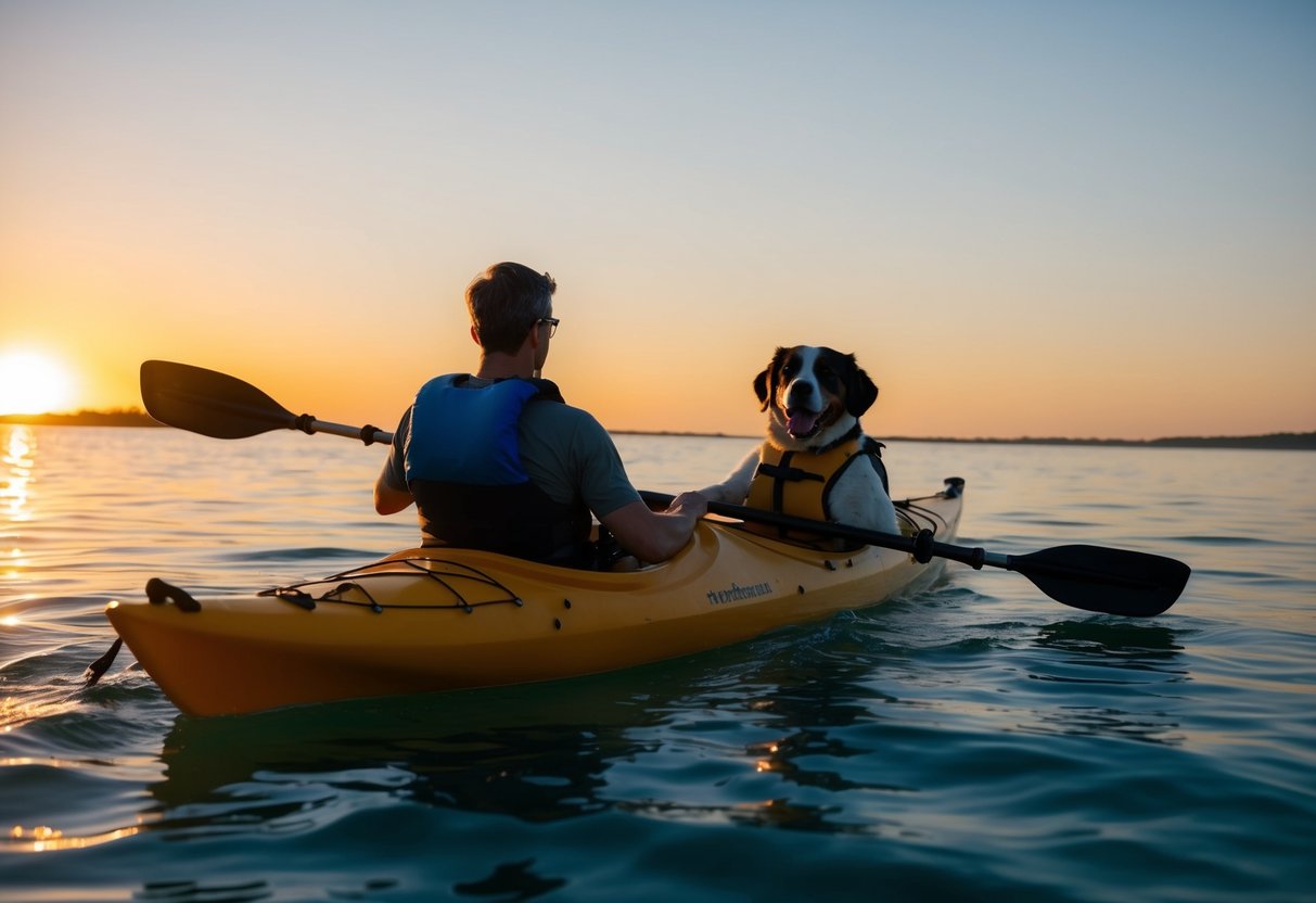 A person and a dog are sea kayaking together. The sun is setting on the horizon, casting a warm glow over the calm waters