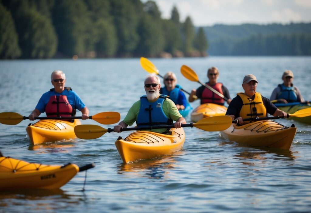 A group of seniors paddle sea kayaks, practicing various techniques and skill development in calm waters