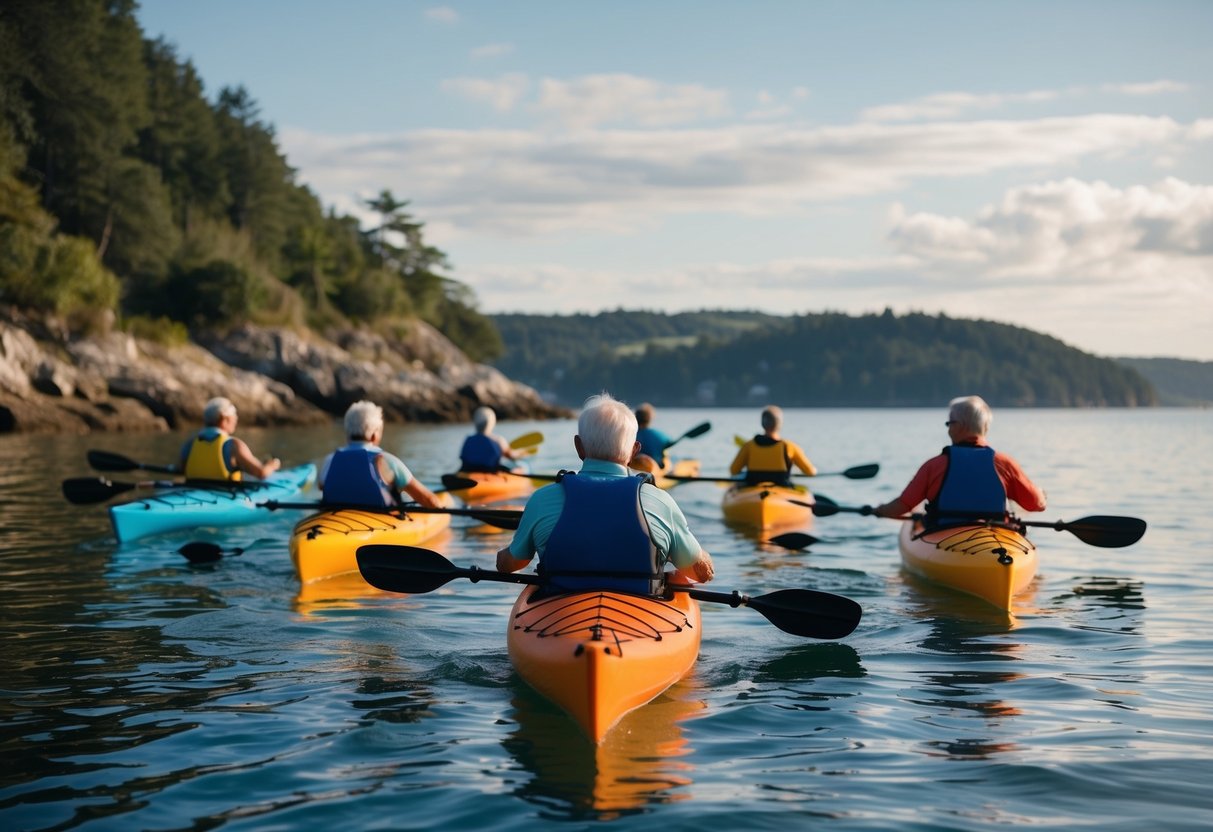 A group of seniors paddle sea kayaks through calm waters, surrounded by picturesque coastal scenery and wildlife