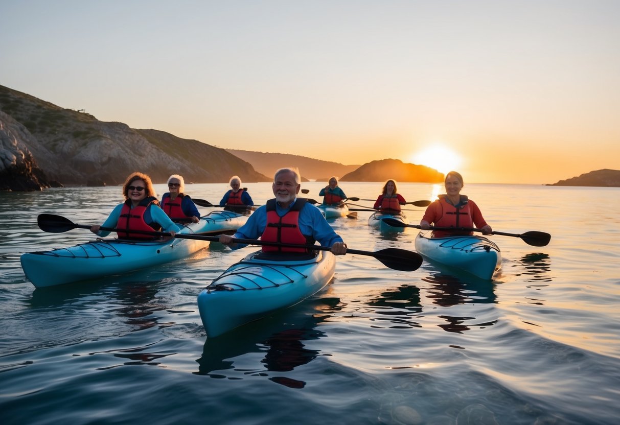 A group of seniors paddle through calm waters, surrounded by rugged coastline and wildlife. The sun sets behind them, casting a warm glow on the horizon