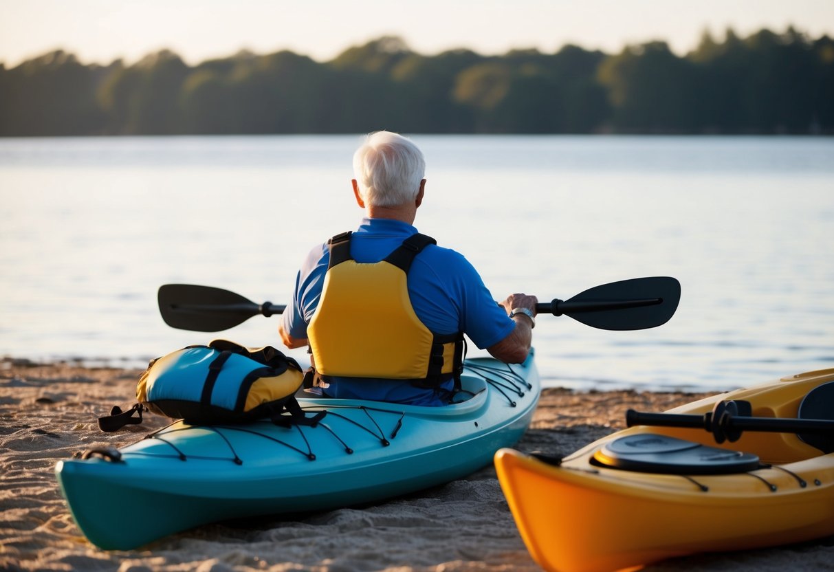 A senior kayaker prepares gear on a calm, sunny shore, with a life jacket, paddle, and kayak in the foreground