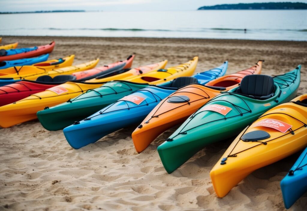 A variety of sea kayaks lined up on a sandy beach, ranging in size and design, with price tags displayed on each one