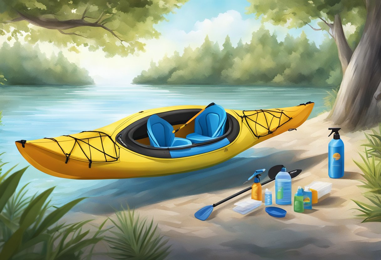 A composite kayak stored under a shaded area, covered with a UV protective tarp, and surrounded by sunscreen and protective spray bottles