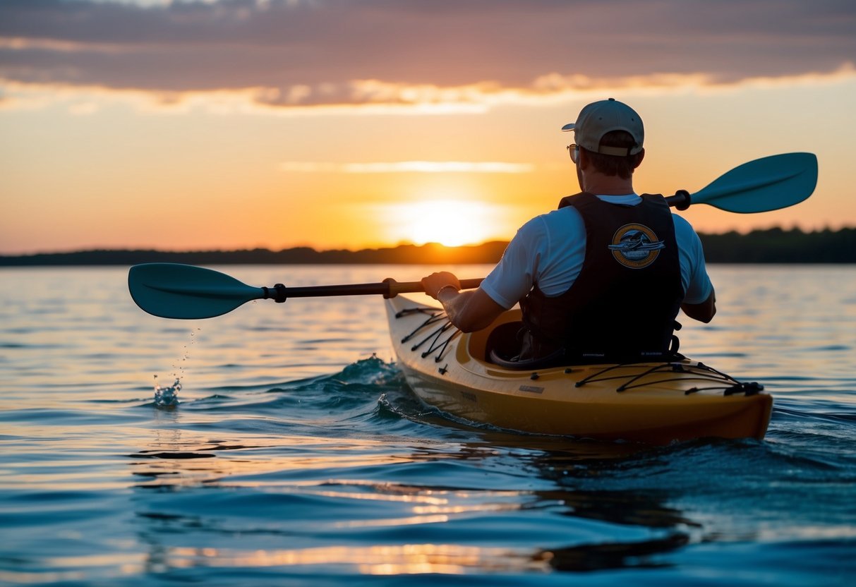 A sea kayaker paddles through calm waters, with the sun setting in the background casting a warm glow over the scene