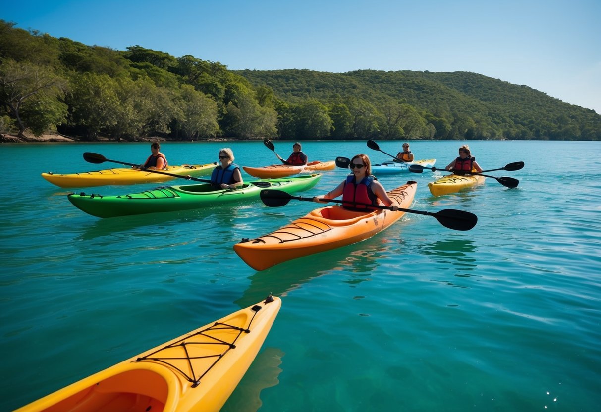 A colorful group of kayaks gliding through calm, turquoise waters, surrounded by lush green coastline and a clear blue sky