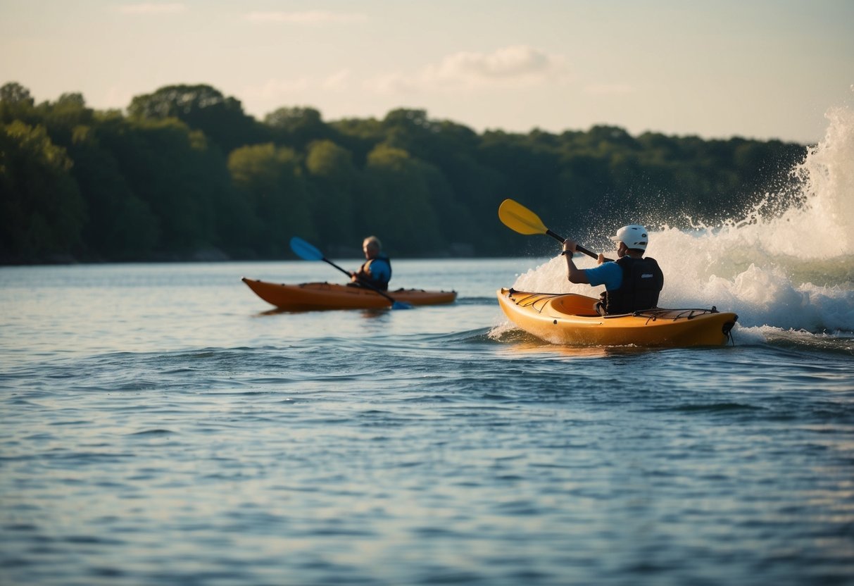 A sea kayak glides over calm waters, while a whitewater kayak navigates through rushing rapids