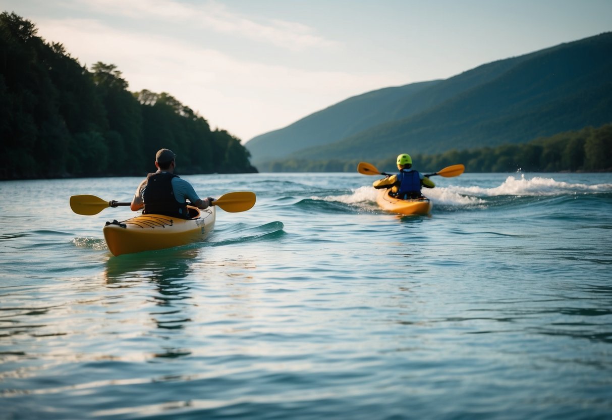 A sea kayak glides through calm, crystal-clear waters, while a whitewater kayak navigates through rushing rapids