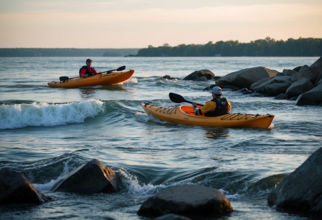 A sea kayak glides over waves, while a river kayak navigates through rushing water and around rocks