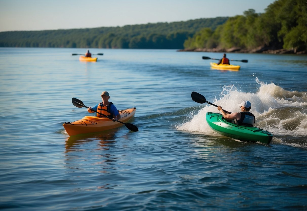 A sea kayak glides through calm ocean waters, while a river kayak navigates through rushing rapids