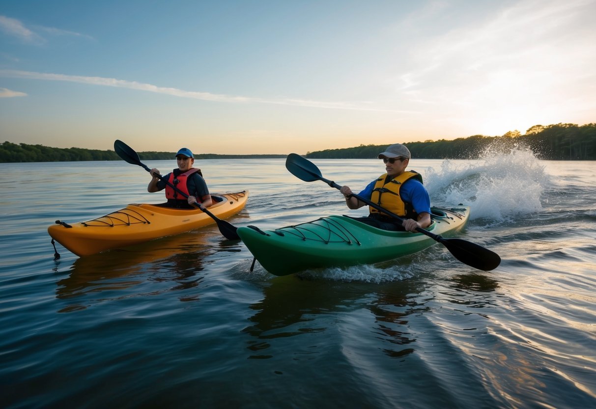 A sea kayak glides through calm, open waters while a river kayak navigates through rushing rapids