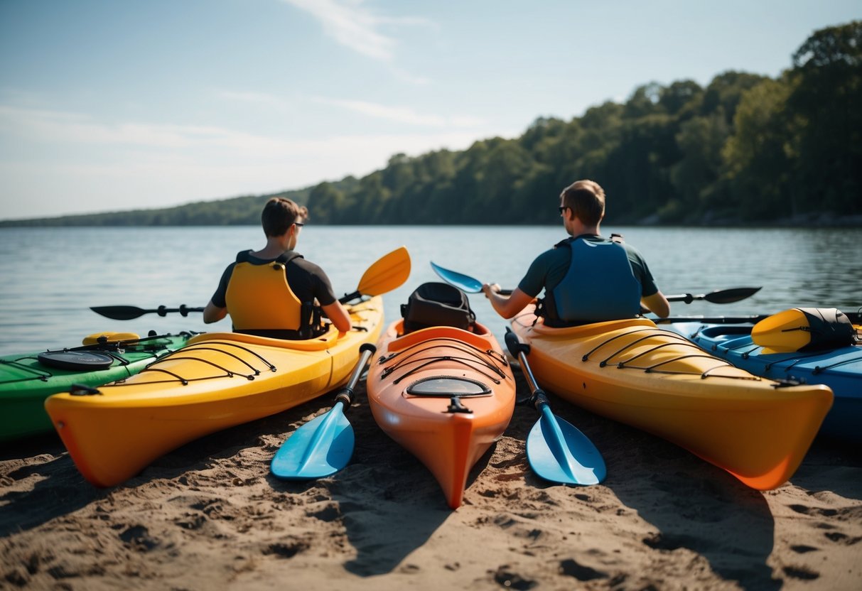 A kayaker prepares gear on a calm beach, with a sea kayak and river kayak side by side. Safety equipment and paddles are neatly organized