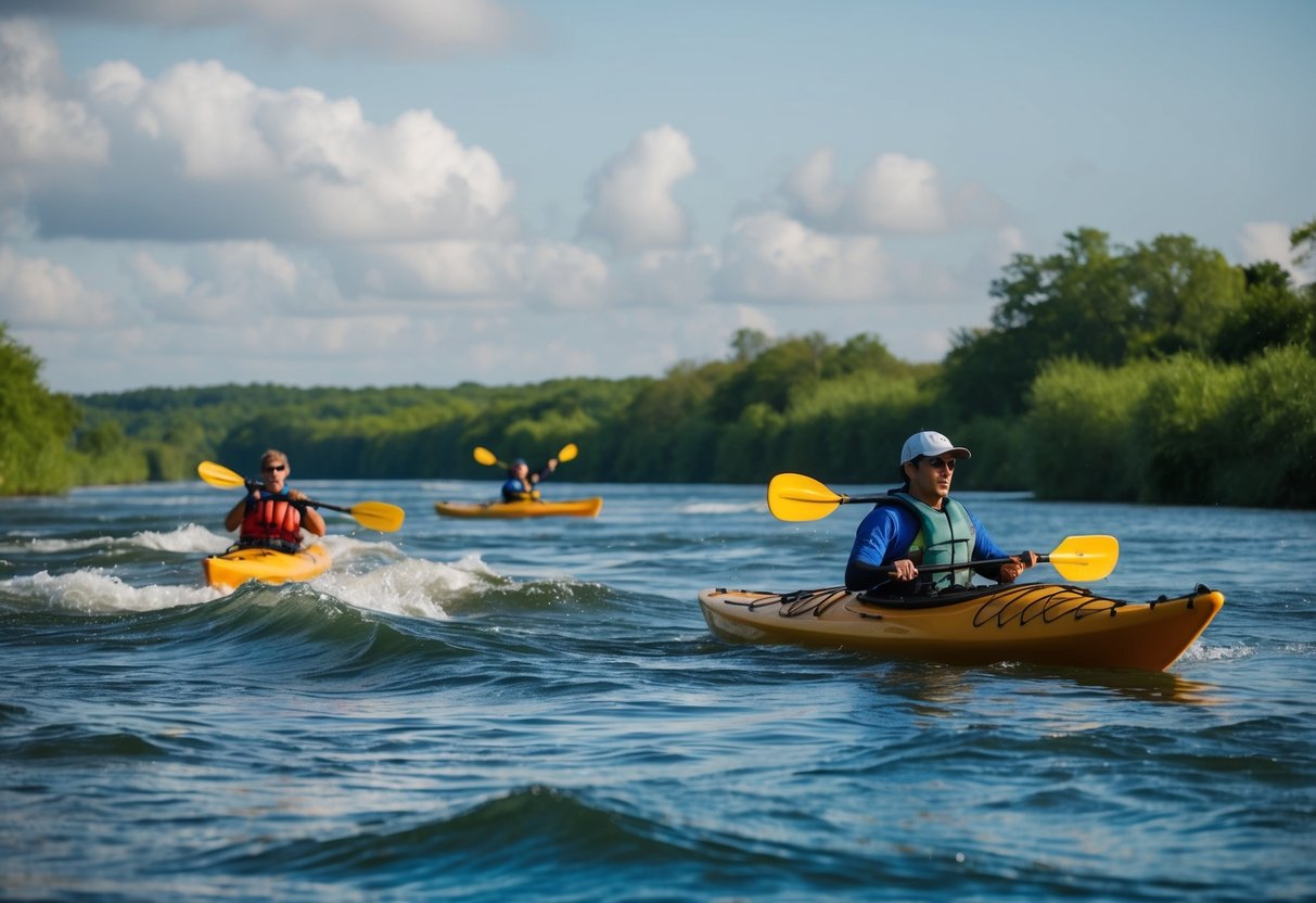 A sea kayaker navigates through choppy waves while a river kayaker paddles through calm, winding waters surrounded by lush greenery