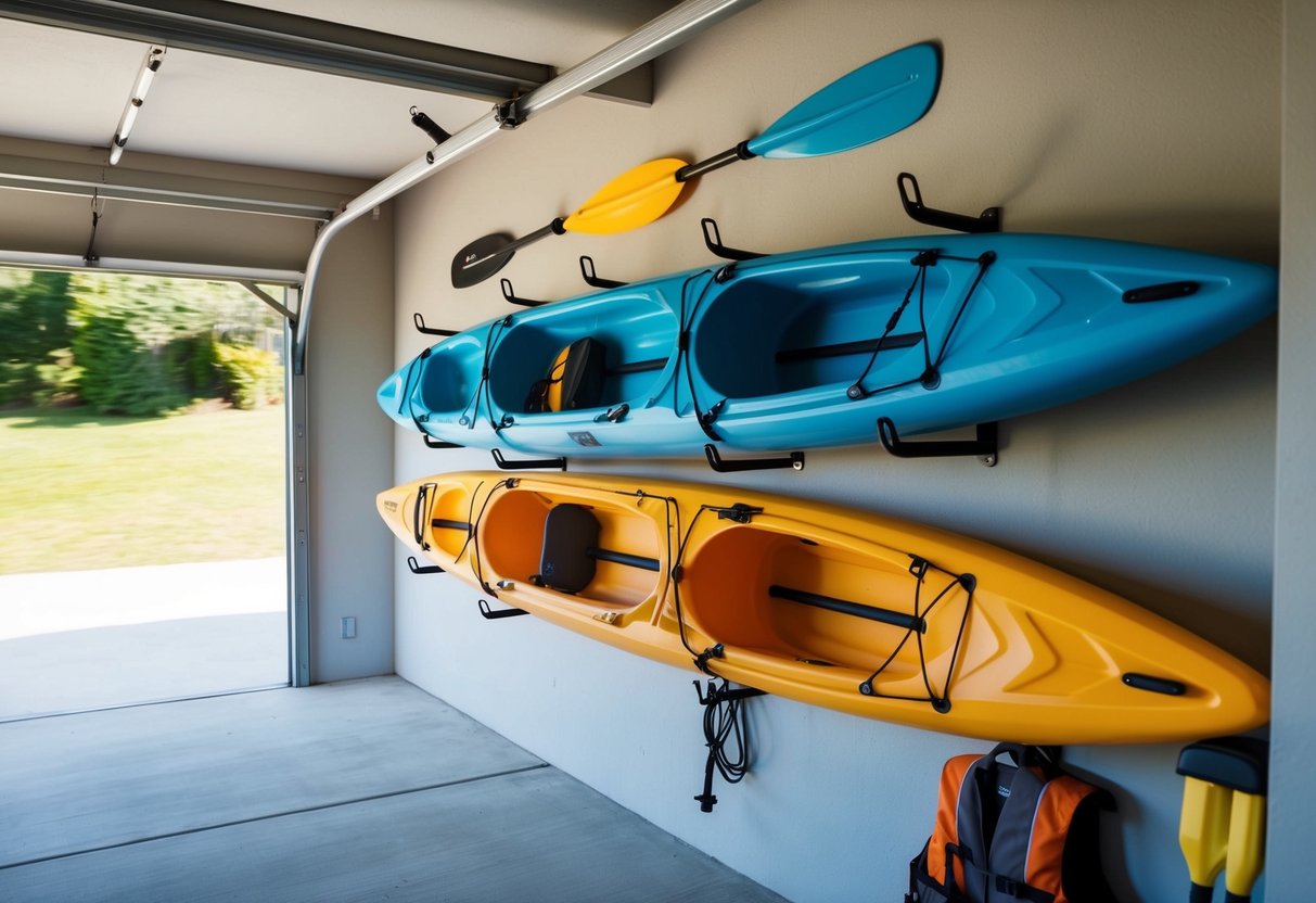 A garage with wall-mounted kayak racks, neatly organized and easily accessible, with additional hooks for paddles and life jackets